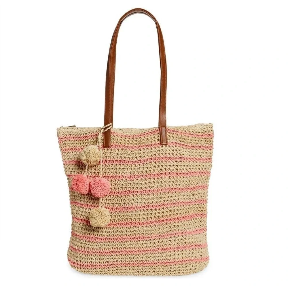 btb Los Angeles Lucy Tote, Straw Woven Pom Pom Vacation Beach‎ Bag, Natural, NWT